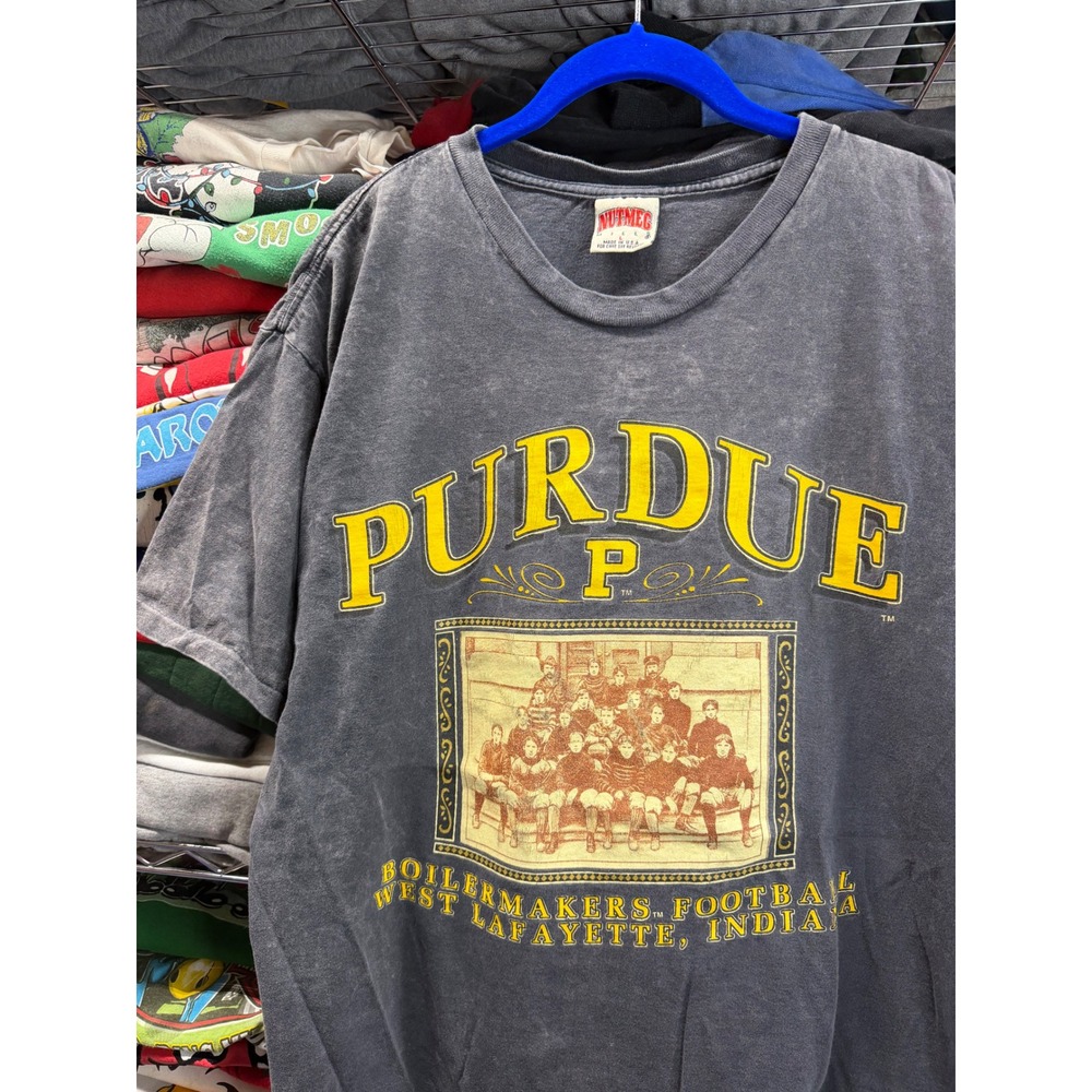 Vintage 90s Nutmeg Mills Purdue Boilermakers Football Shirt Mens Large Gray USA